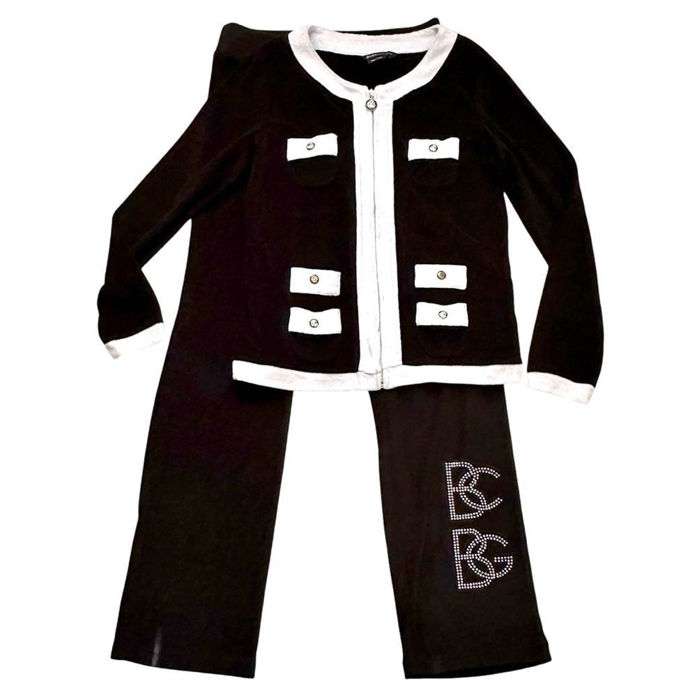 BCBGMAXAZRIA jacket pants set black white accents terry cloth size M.